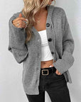 Gray Button Up Drawstring Long Sleeve Hooded Cardigan