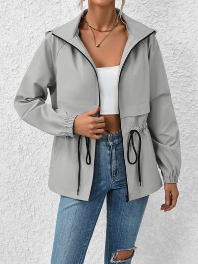 Gray Drawstring Zip Up Hooded Jacket