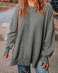 Dim Gray Dropped Shoulder Round Neck Long Sleeve Blouse