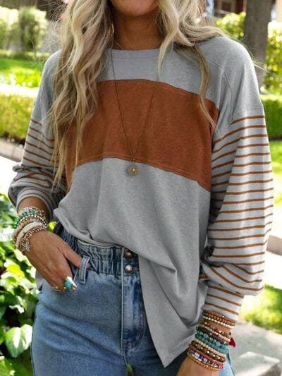 Dim Gray Round Neck Striped Long Sleeve Slit T-Shirt