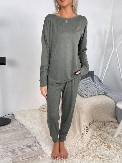 Gray Round Neck Top and Drawstring Pants Lounge Set