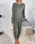 Gray Round Neck Top and Drawstring Pants Lounge Set