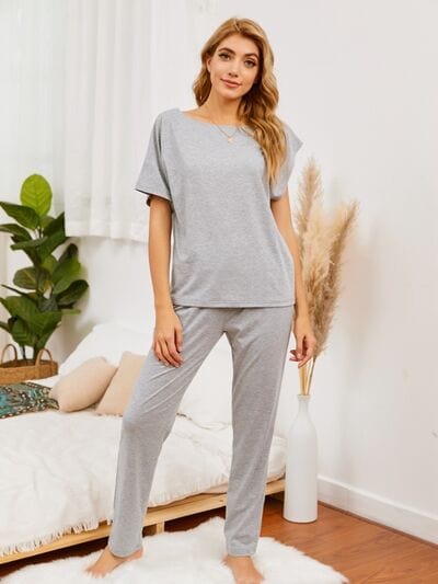 Light Gray Round Neck Top and Pants Lounge Set