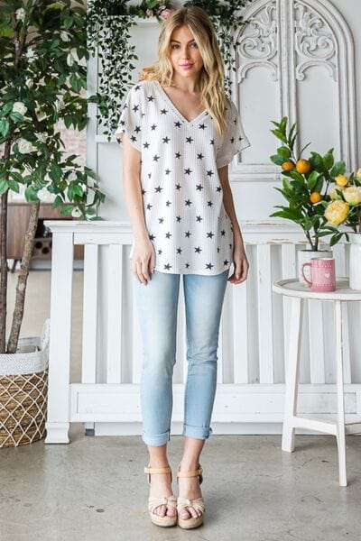 Gray Heimish Full Size Star Print Short Sleeve V-Neck Waffle Knit T-Shirt