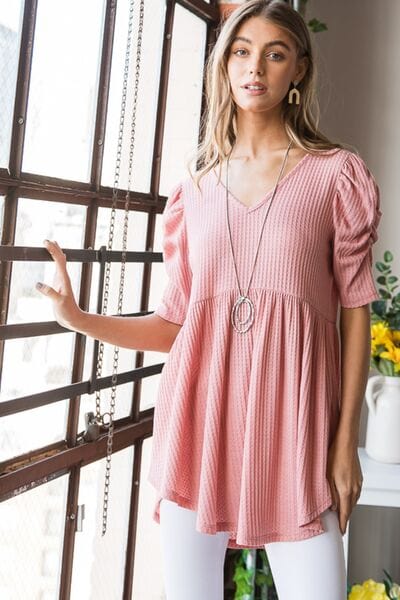 Light Gray Heimish Full Size Waffle Knit V-Neck Babydoll Top
