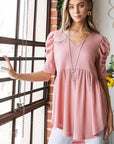 Light Gray Heimish Full Size Waffle Knit V-Neck Babydoll Top