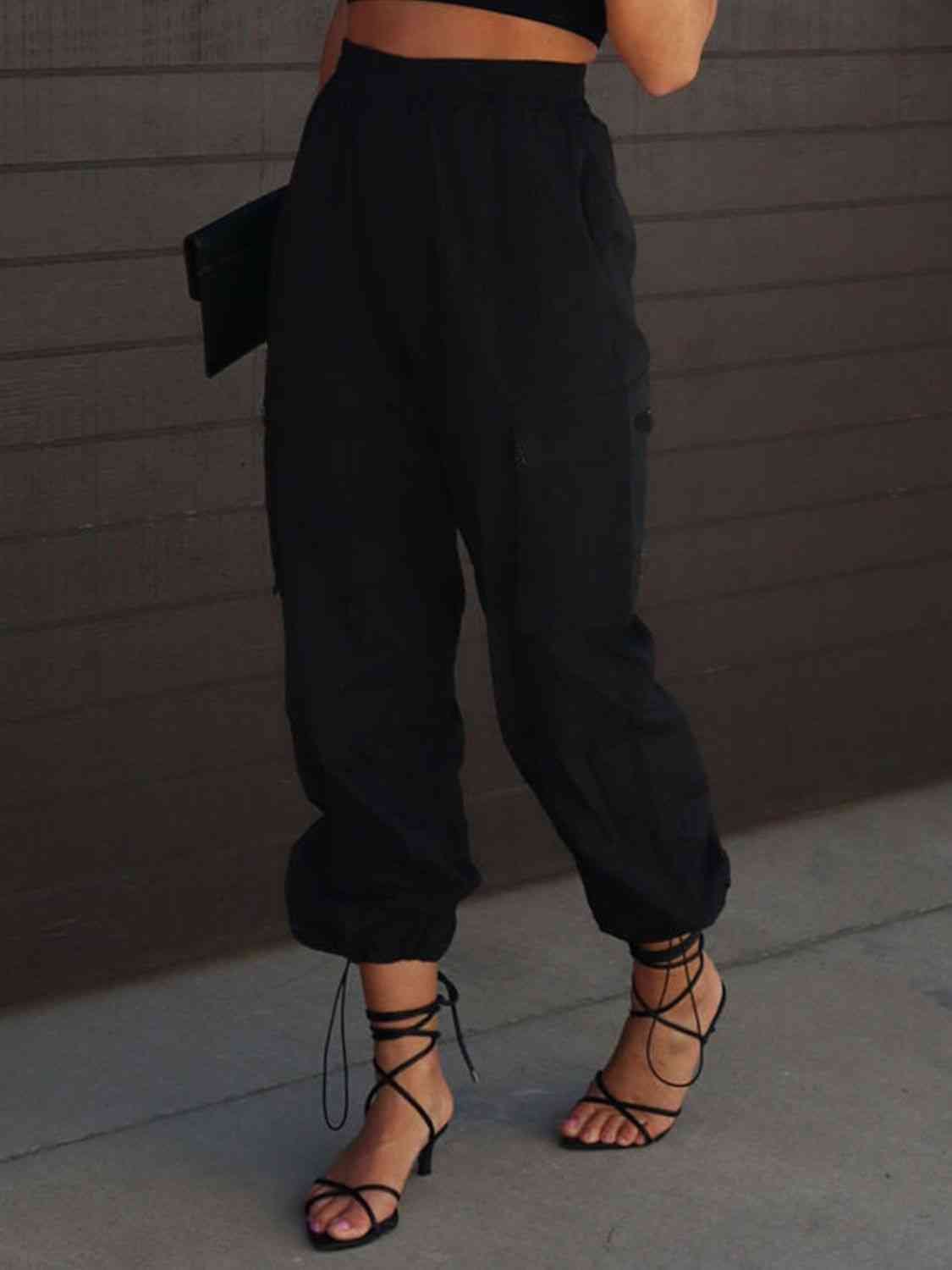 Dark Slate Gray High Waist Drawstring Pants with Pockets