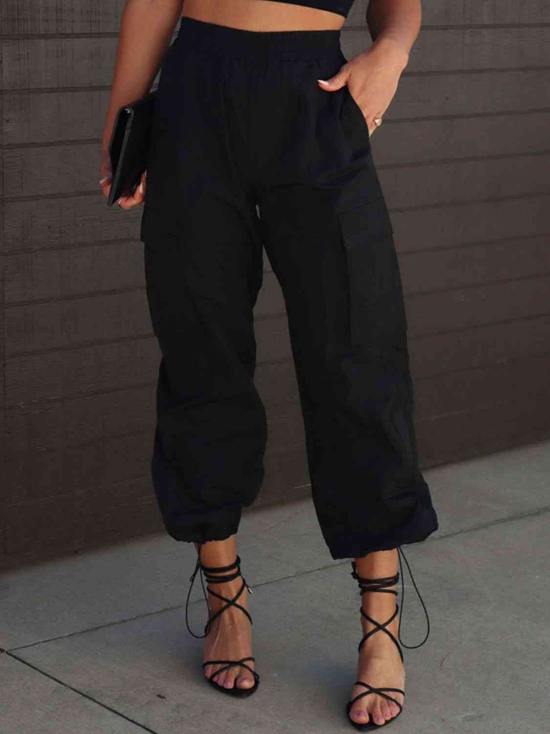 Dark Slate Gray High Waist Drawstring Pants with Pockets