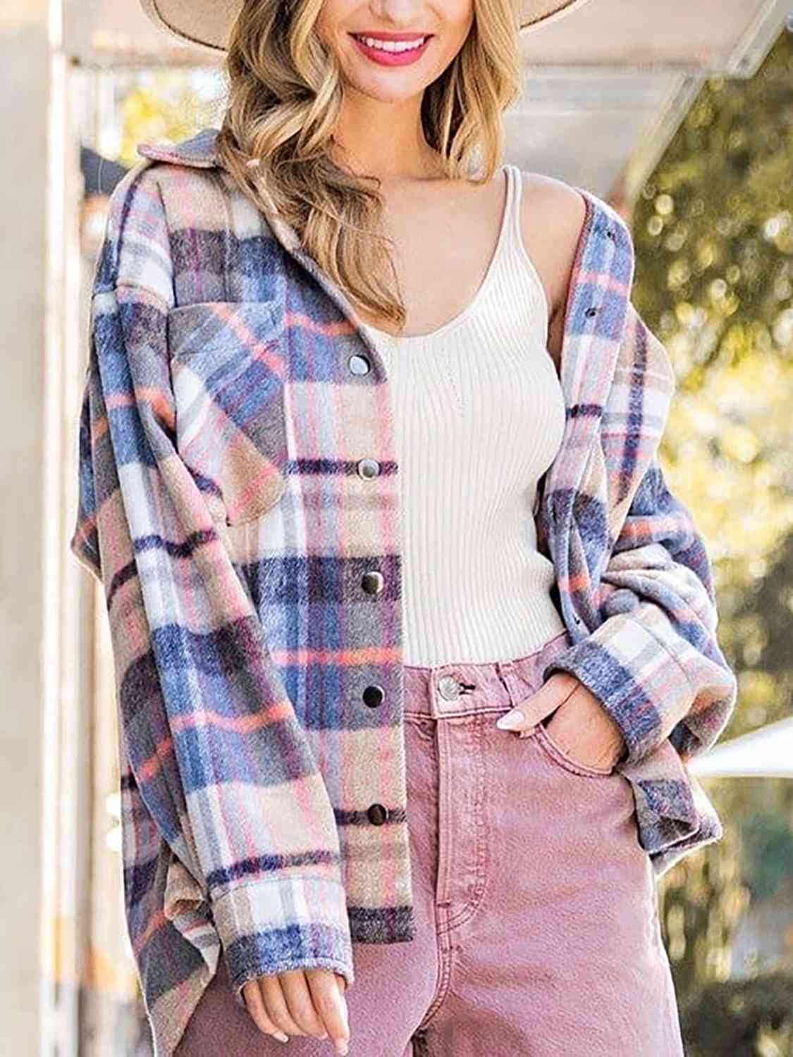 Gray Snap Up Plaid Collared Neck Jacket with Pocket