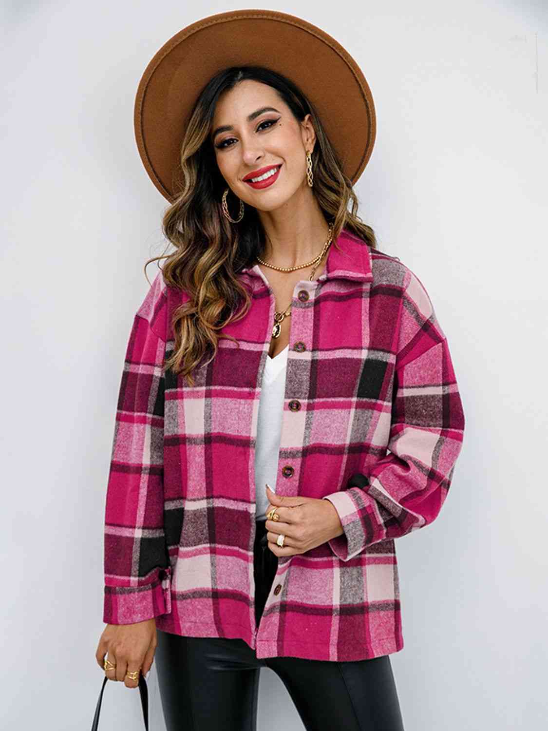 Light Gray Plaid Button Up Collared Neck Jacket