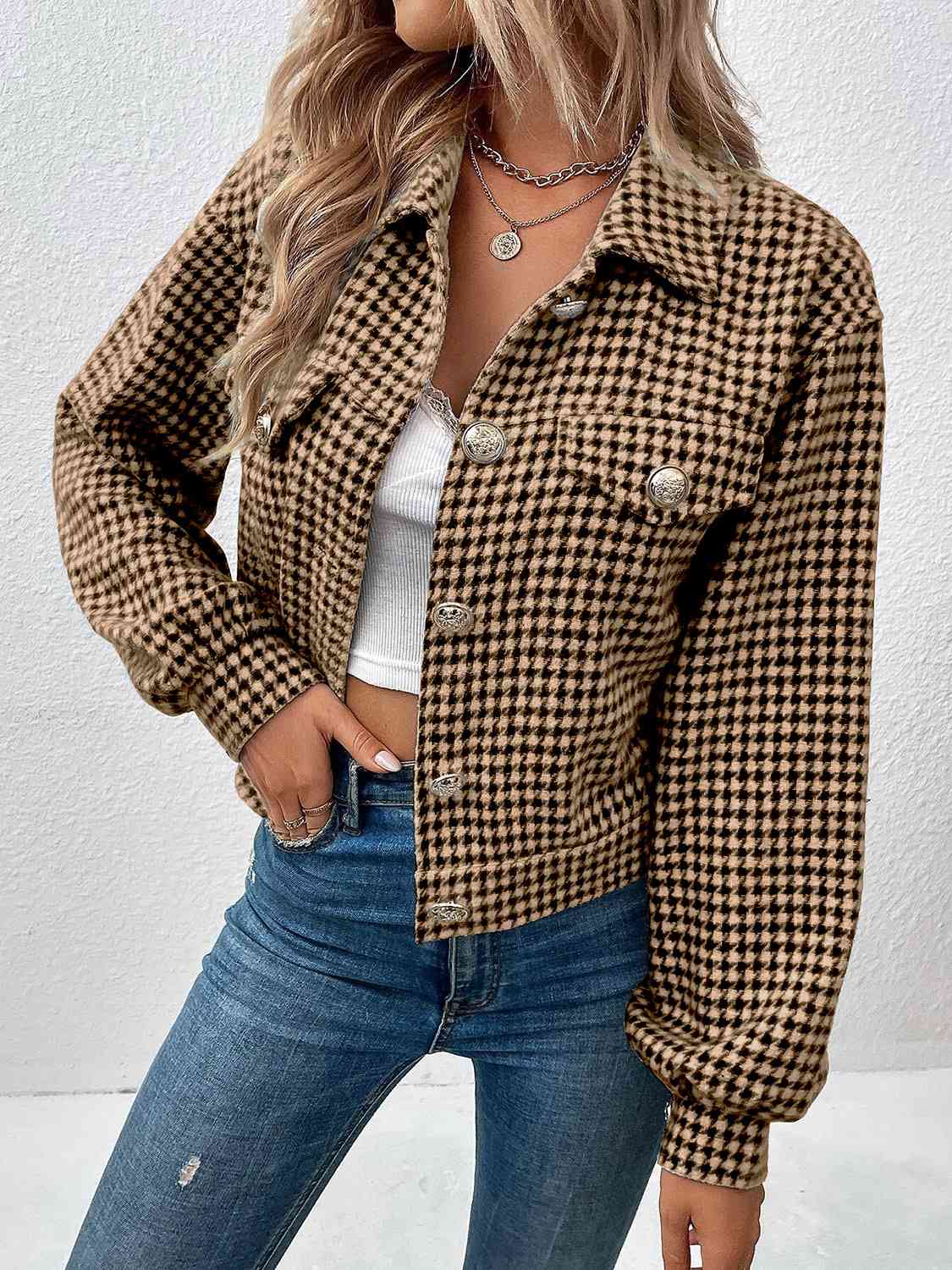 Gray Houndstooth Collared Neck Button Up Jacket