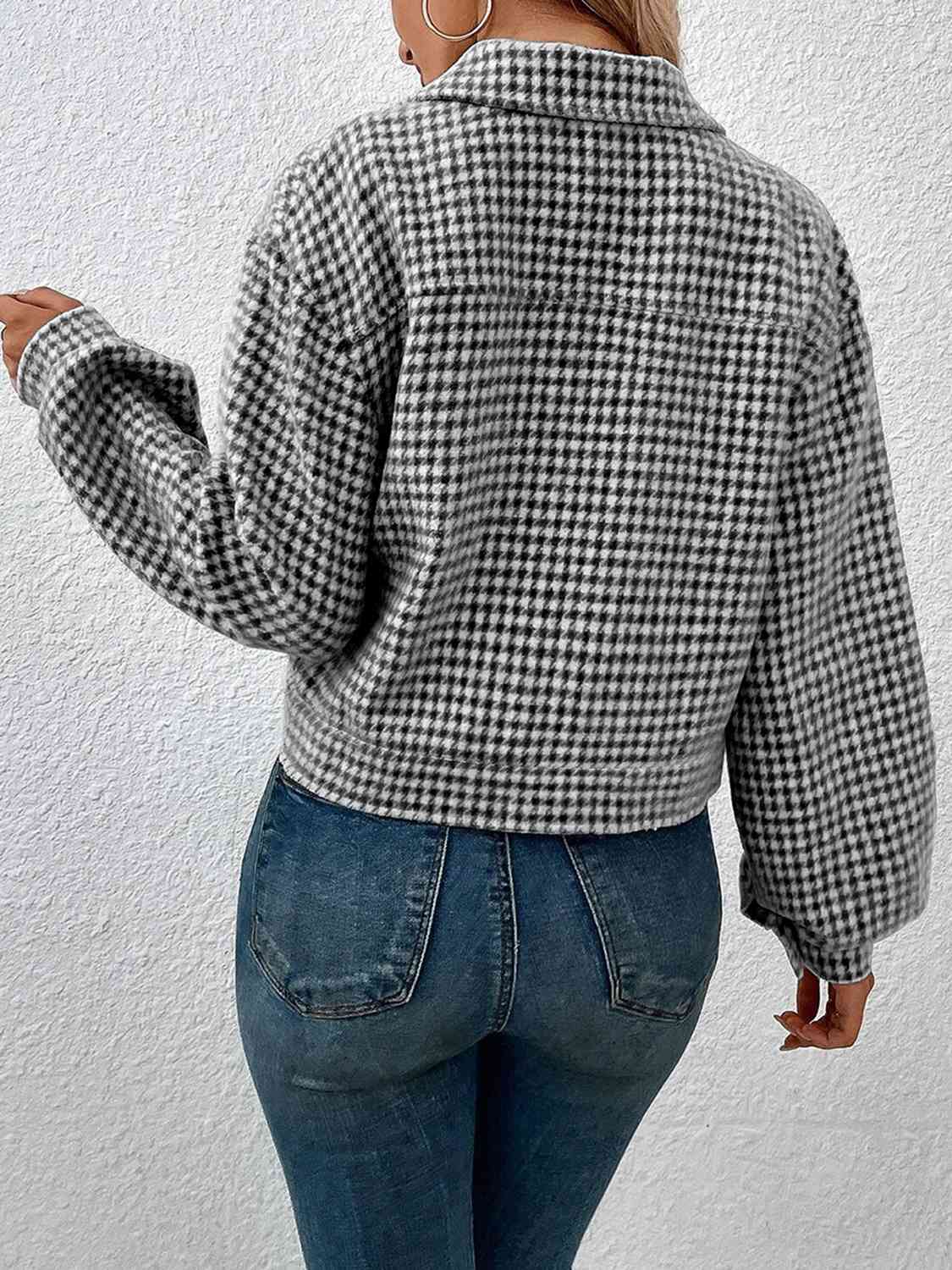 Gray Houndstooth Collared Neck Button Up Jacket