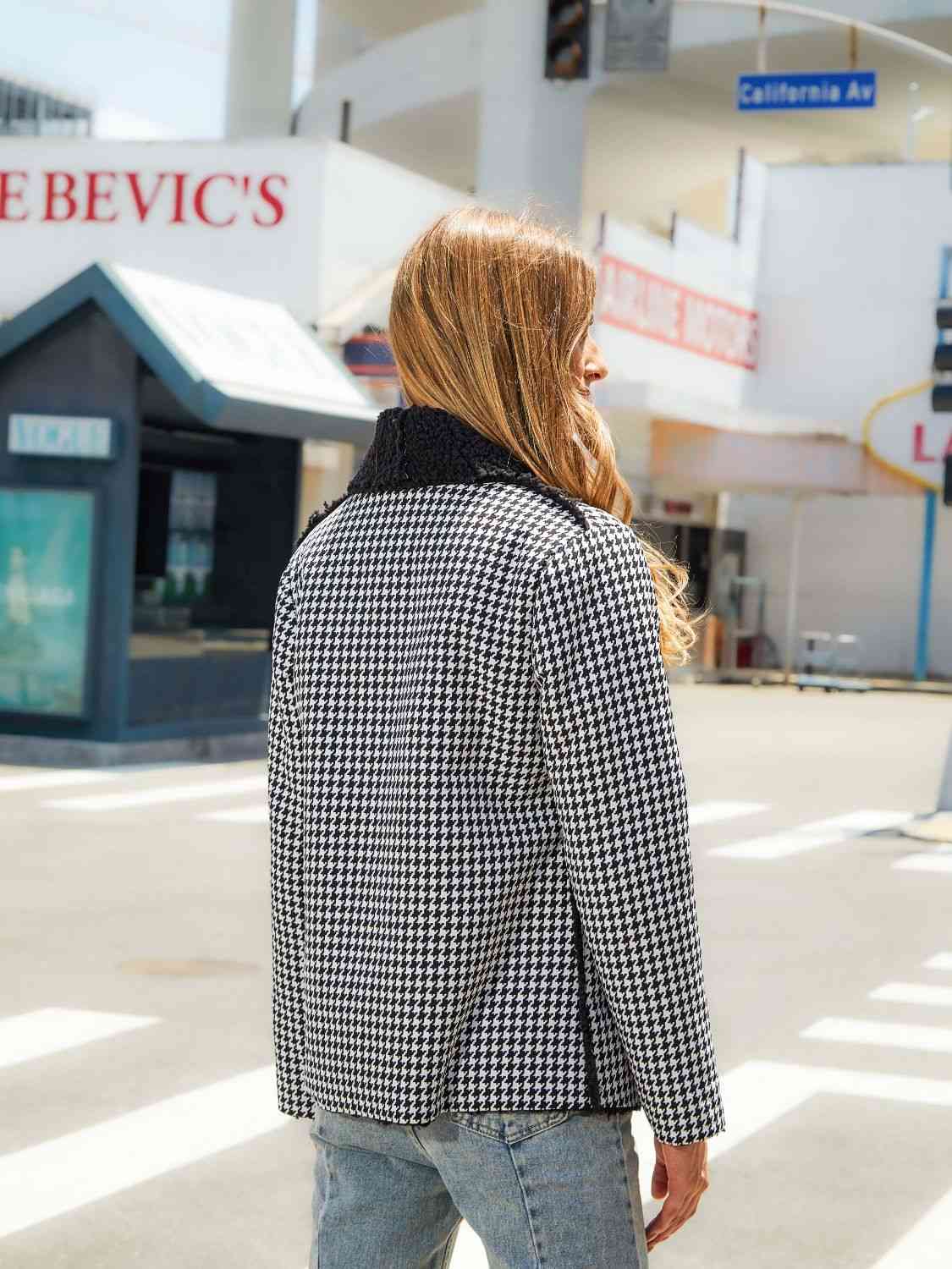 Light Gray Houndstooth Open Front Long Sleeve Jacket