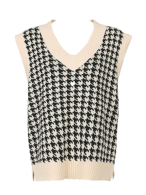 Dark Slate Gray Houndstooth V-Neck Sweater Vet