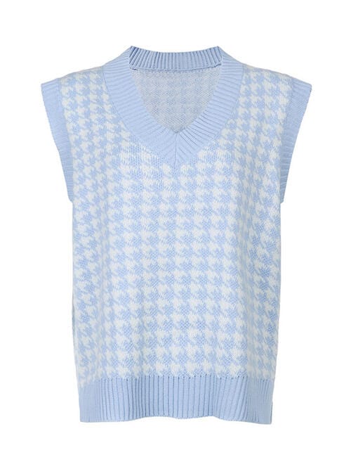 Light Steel Blue Houndstooth V-Neck Sweater Vet