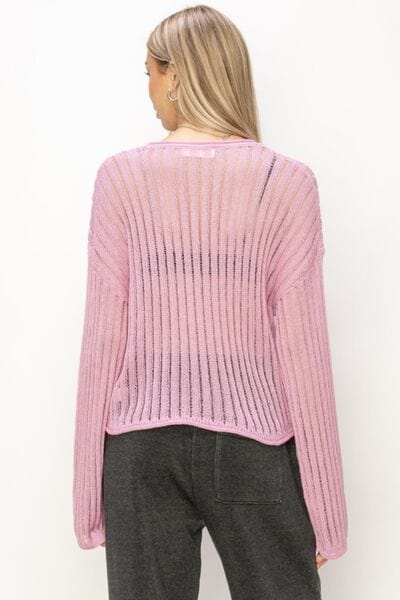 Misty Rose HYFVE Openwork Ribbed Long Sleeve Knit Top