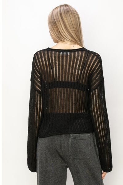 Beige HYFVE Openwork Ribbed Long Sleeve Knit Top