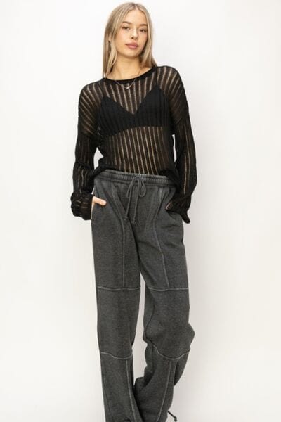 White Smoke HYFVE Openwork Ribbed Long Sleeve Knit Top