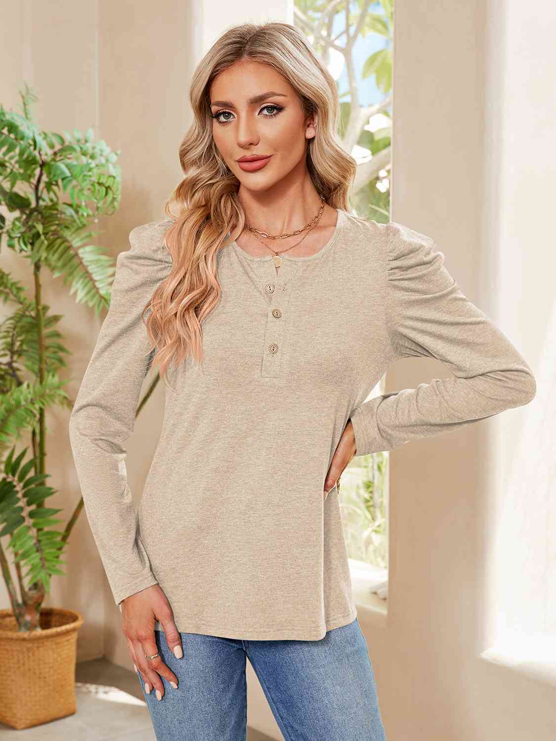 Tan Buttoned Round Neck Puff Sleeve T-Shirt