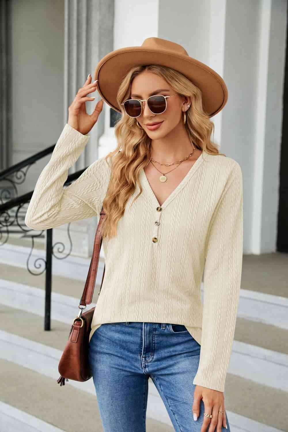 Gray Cable-Knit Long Sleeve V-Neck T-Shirt