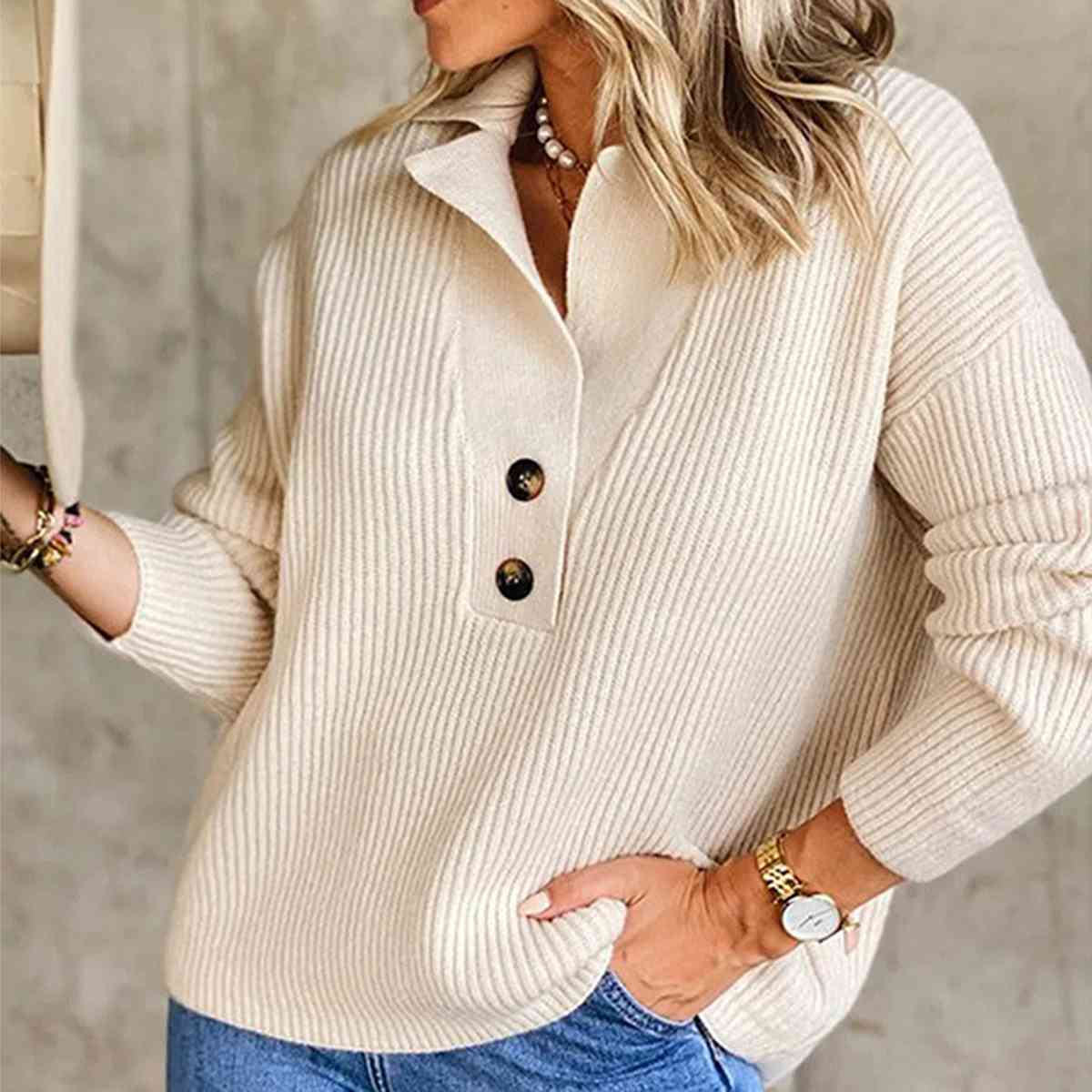 Gray Collared Neck Rib-Knit Top