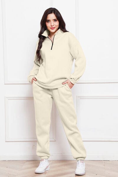 Antique White Half Zip Long Sleeve Sweatshirt and Pants Set