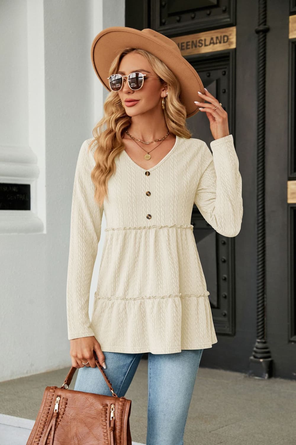 Gray Long Sleeve V-Neck Cable-Knit Blouse