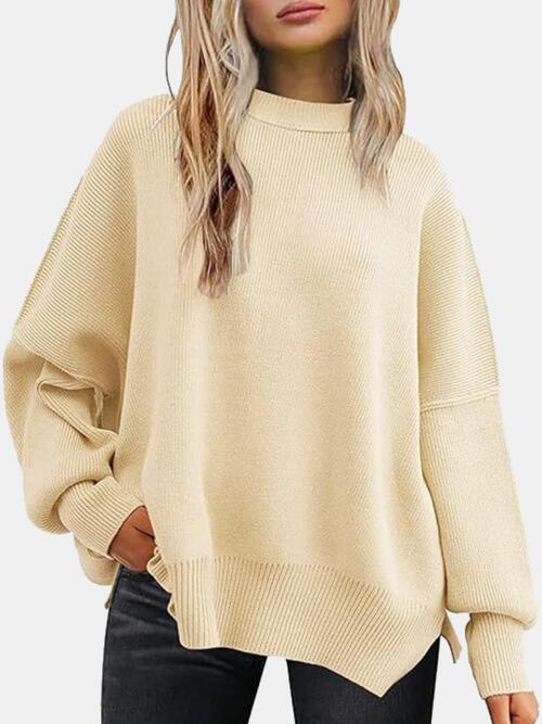 Bisque Round Neck Drop Shoulder Slit Sweater