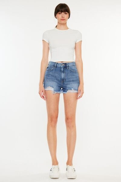 White Smoke Kancan Distressed Raw Hem High Waist Denim Shorts