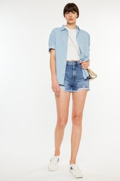 White Smoke Kancan Distressed Raw Hem High Waist Denim Shorts