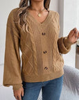 Dim Gray Cable-Knit Buttoned V-Neck Sweater