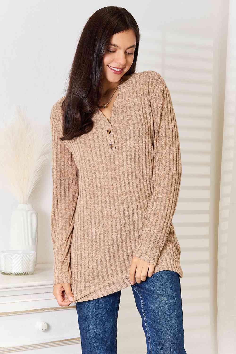 Light Gray Double Take Notched Neck Ribbed Long Sleeve T-Shirt