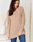 Light Gray Double Take Notched Neck Ribbed Long Sleeve T-Shirt