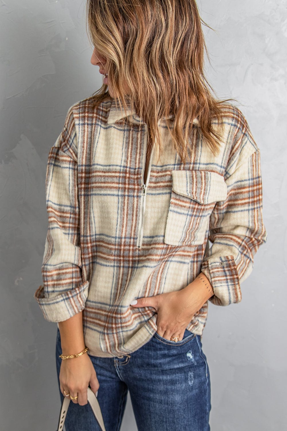 Rosy Brown Double Take Plaid Half-Zip Collared Curved Hem Sweatshirt