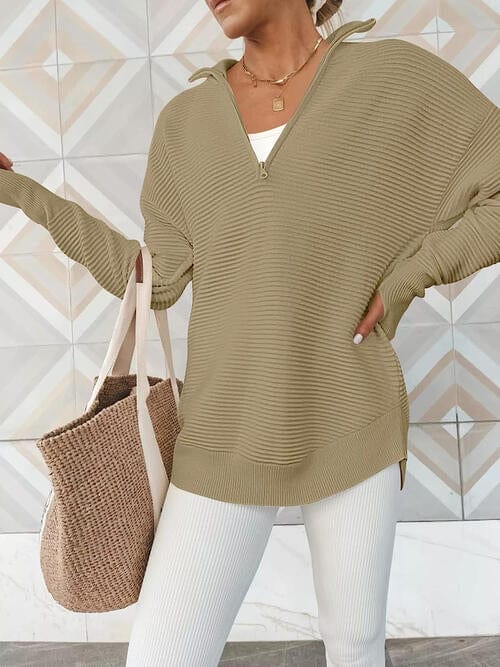 Rosy Brown Half Zip Long Sleeve Knit Top