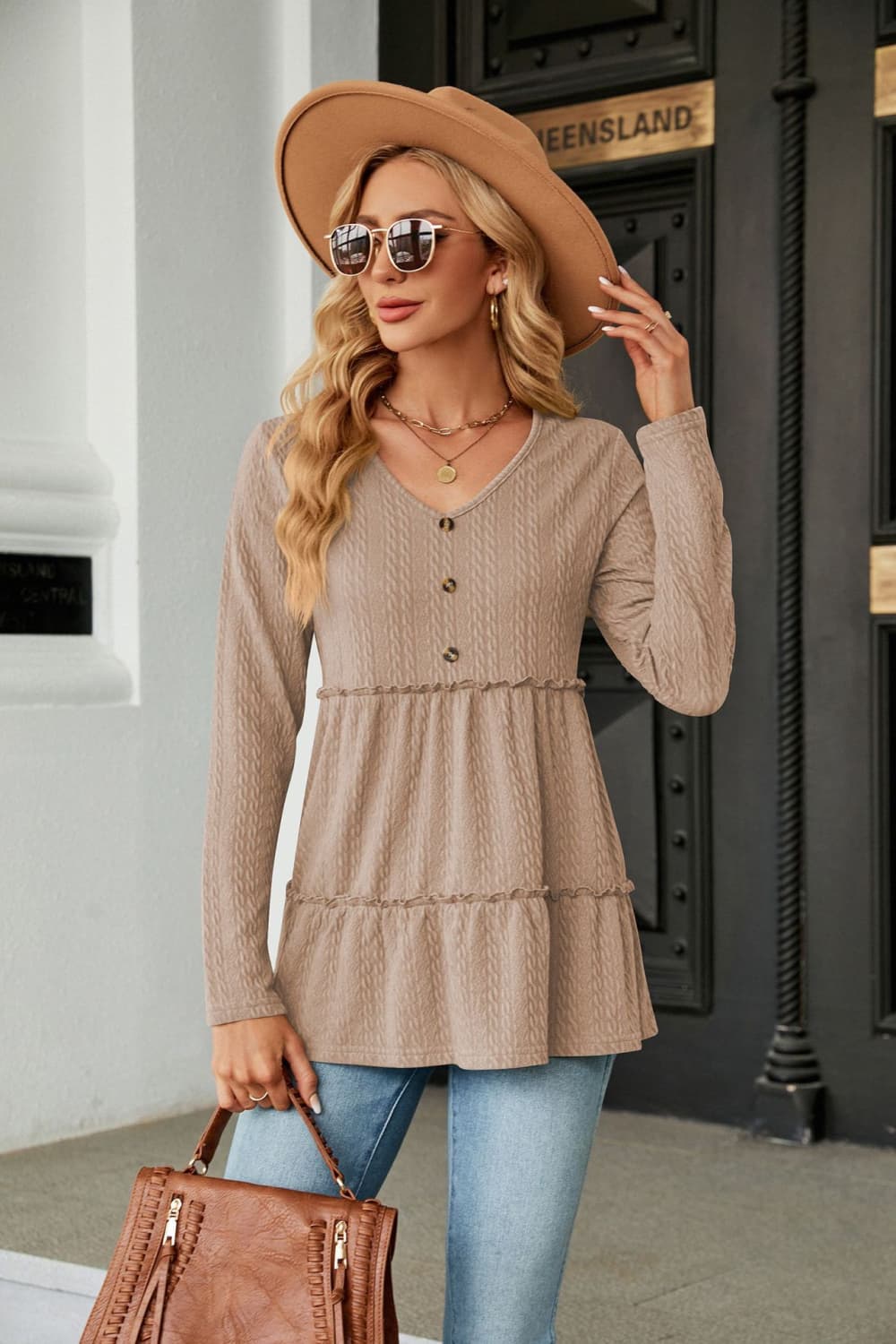 Rosy Brown Long Sleeve V-Neck Cable-Knit Blouse