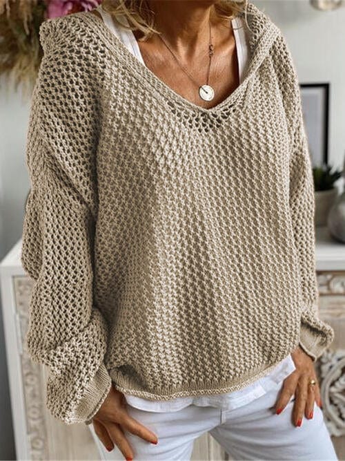 Rosy Brown Openwork Hooded Long Sleeve Sweater