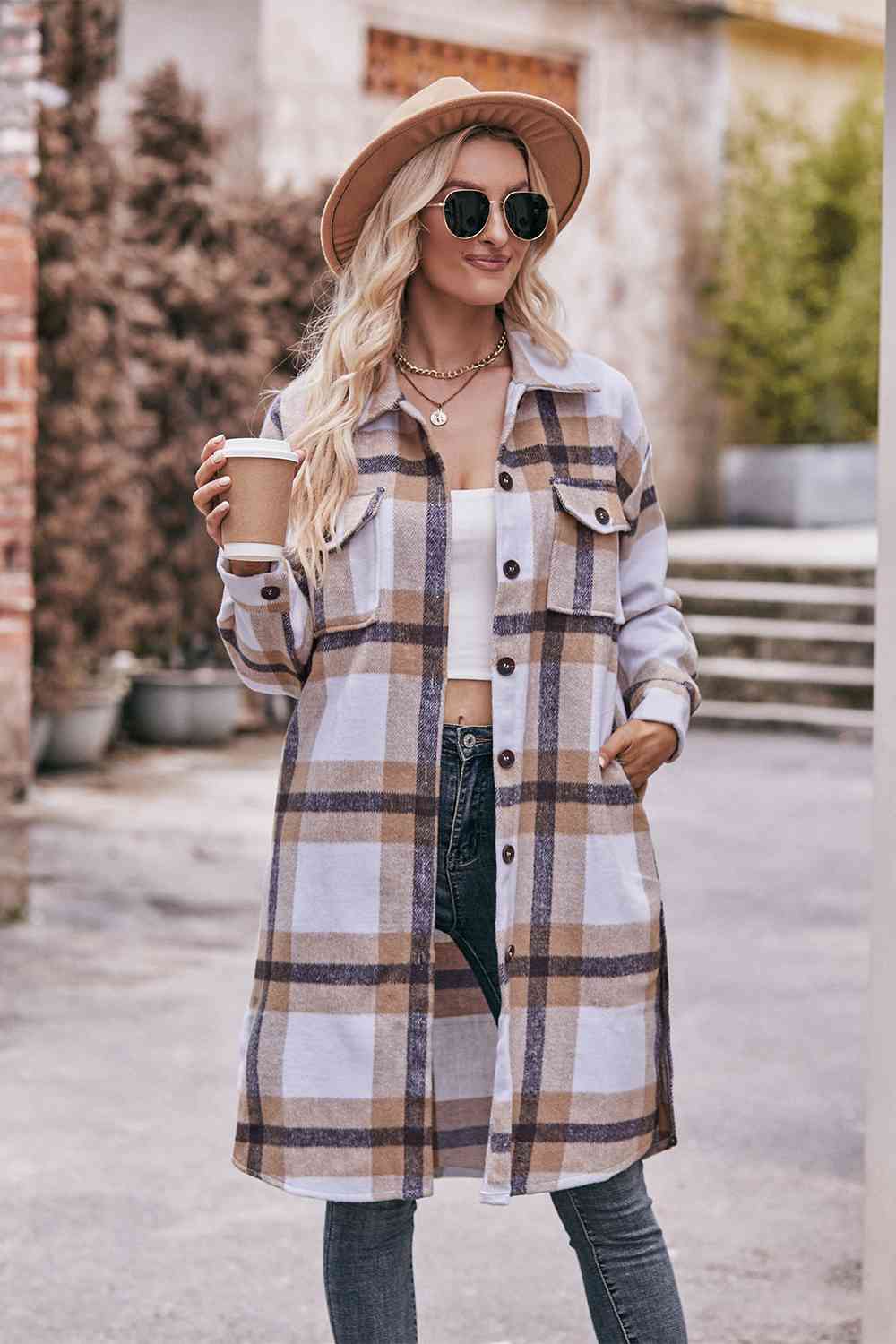 Gray Plaid Dropped Shoulder Longline Jacket