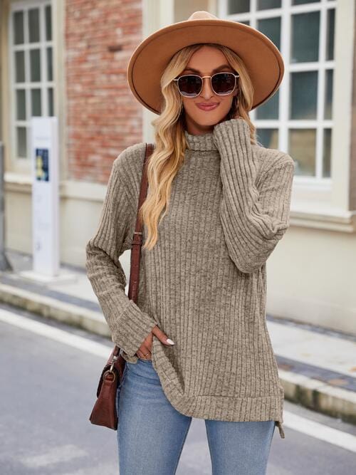 Dark Gray Ribbed Turtleneck Long Sleeve Slit Knit Top