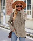 Dark Gray Ribbed Turtleneck Long Sleeve Slit Knit Top