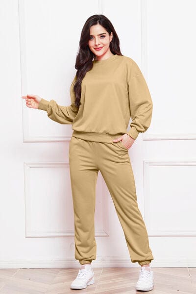 Antique White Round Neck Long Sleeve Sweatshirt and Pants Set