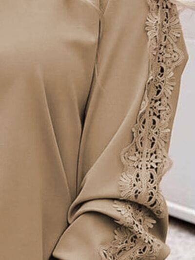 Rosy Brown Lace Detail Round Neck Long Sleeve T-Shirt