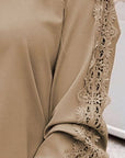 Rosy Brown Lace Detail Round Neck Long Sleeve T-Shirt