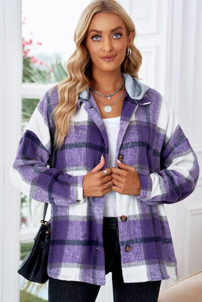 Light Gray Button Up Plaid Hooded Jacket