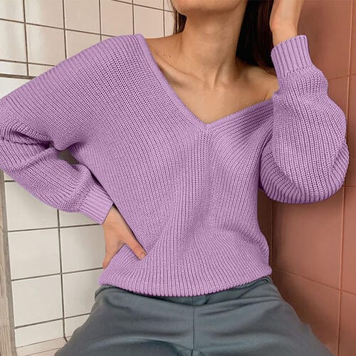 Rosy Brown V-Neck Dropped Shoulder Long Sleeve Sweater