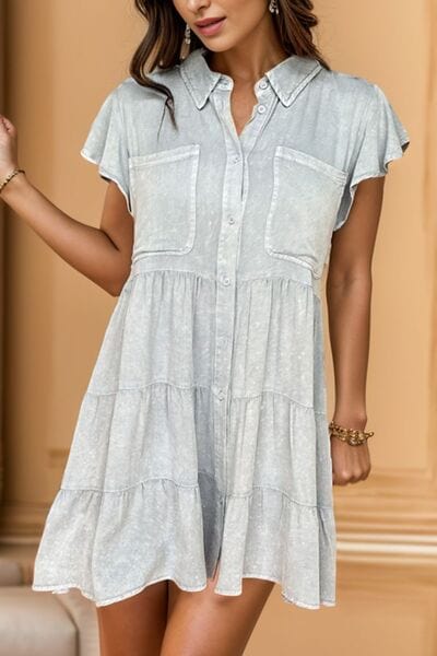 Gray Button Up Cap Sleeve Denim Dress