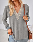 Dark Gray Crochet Contrast V-Neck Long Sleeve Slit T-Shirt