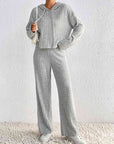 Light Gray Drawstring Ribbed Hoodie and Straight Leg Pants Set