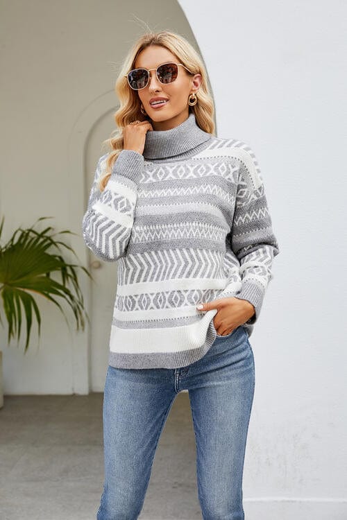 Gray Geometric Turtleneck Long Sleeve Sweater