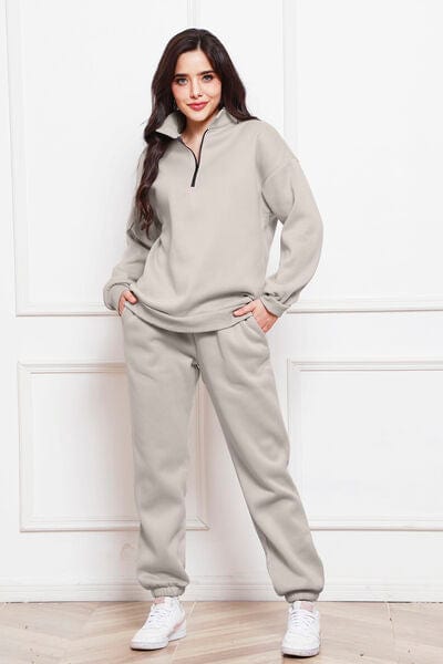 Light Gray Half Zip Long Sleeve Sweatshirt and Pants Set